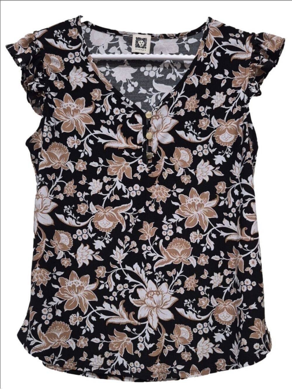 Anne Klein Ruffle Sleeve Floral V-Neck Blouse Black Tan White Size (Fits Like S)